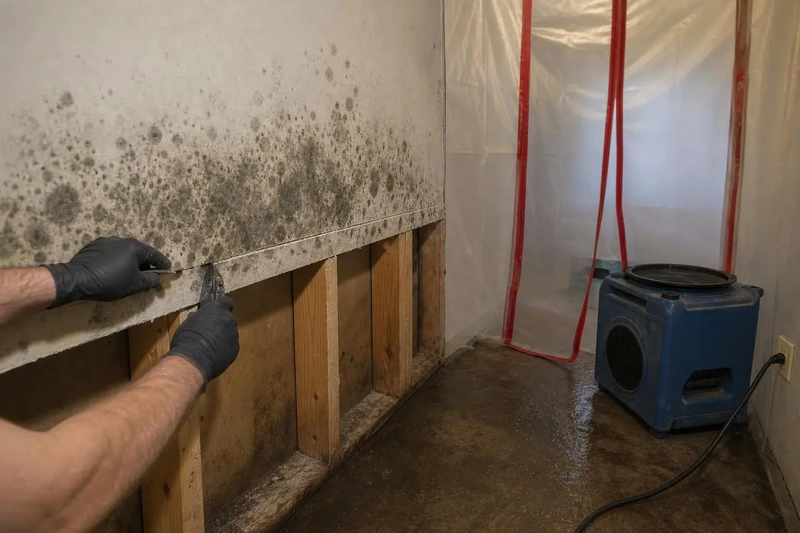 Crew member cutting moldy wallboard back past the growth line inside zipped containment, negative air running