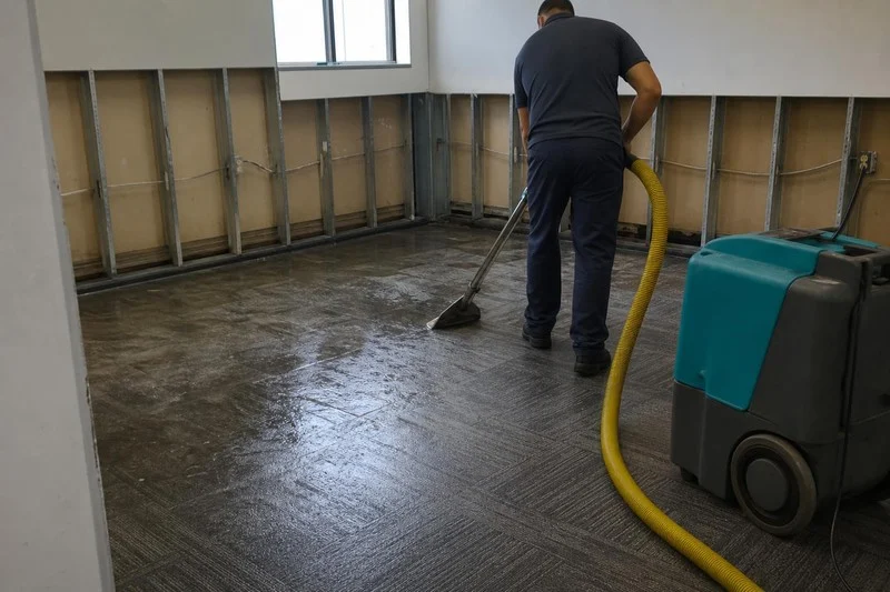 Two extractors working opposite zones of an open commercial floor, a dry walkable lane left down the middle