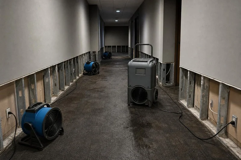 Numbered drying equipment set along a stripped commercial wall base, a clear walk route kept open past it