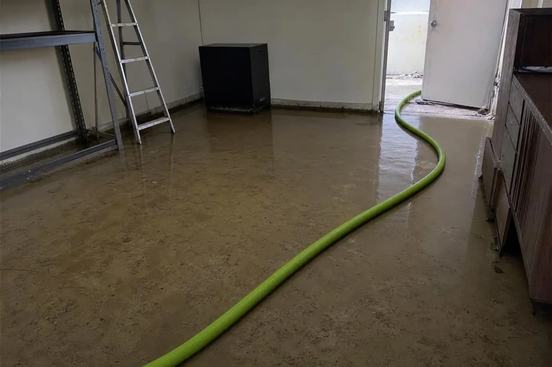 Truck-mounted hose run through a propped service door into a Salt Lake City commercial floor plate holding water