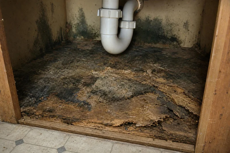 Cabinet floor under a Salt Lake City sink rotted through and blackened with mold, the P-trap above it and the particleboard delaminating in sheets