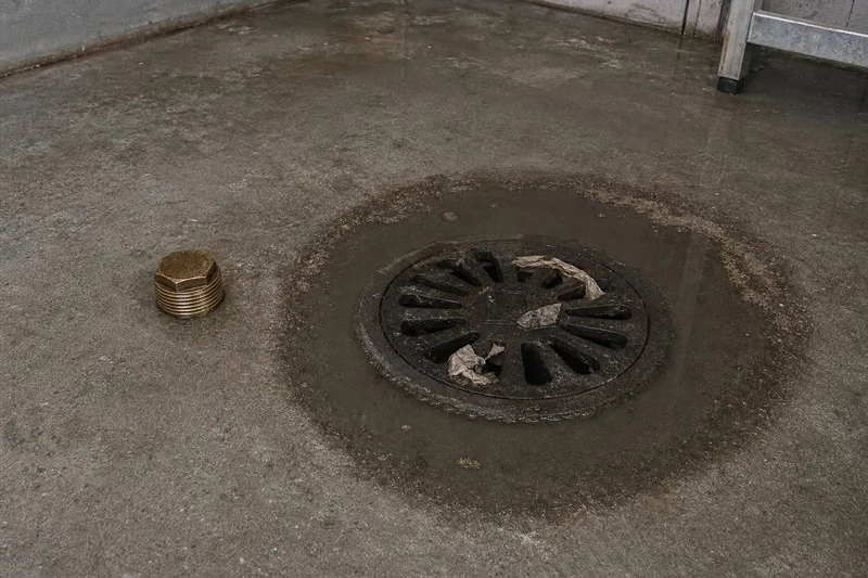 Water standing around an open basement floor drain in a Utah home, the brass cleanout plug backed out and set on the slab beside it