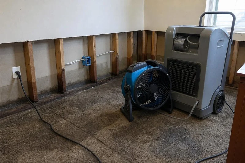 Dehumidifier draining into a bucket while air movers sweep a stripped, water-free Salt Lake City floor