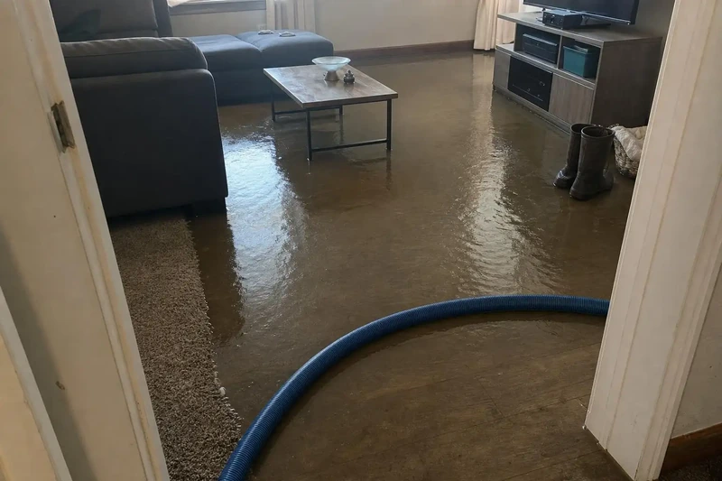 Standing water pooled across a floor in a Salt Lake City home with an extraction hose run in through the doorway