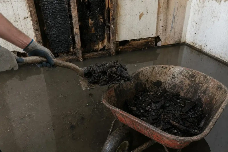 Crew shoveling burned debris off a flooded floor into a wheelbarrow before the extractor comes in
