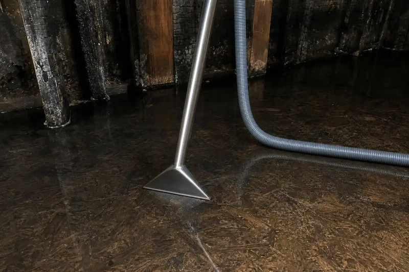 Black suppression water coming up off an exposed subfloor, the burned material already carried out and the floor clear