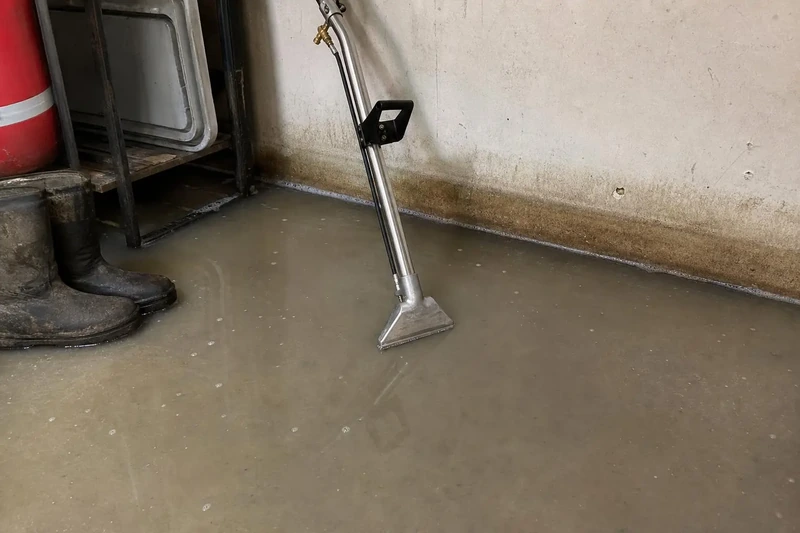 Weighted wand lifting muddy floodwater off a ground-floor slab, the marked silt line still on the wall above it