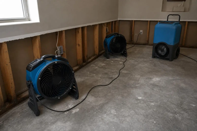Two fans and a dehumidifier working an opened flood cut, the slab below them already clear of water