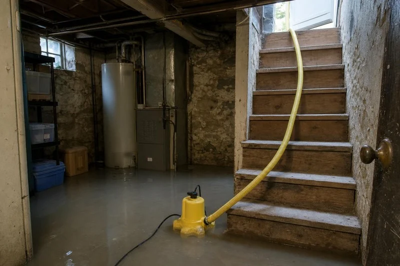 Submersible pump sitting in the deepest corner of a Salt Lake City basement, the water level dropping around it