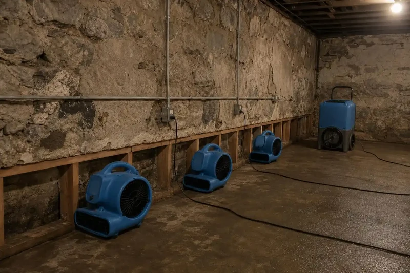 Stripped basement wall base with fans in a line along it and a dehumidifier working the bare slab