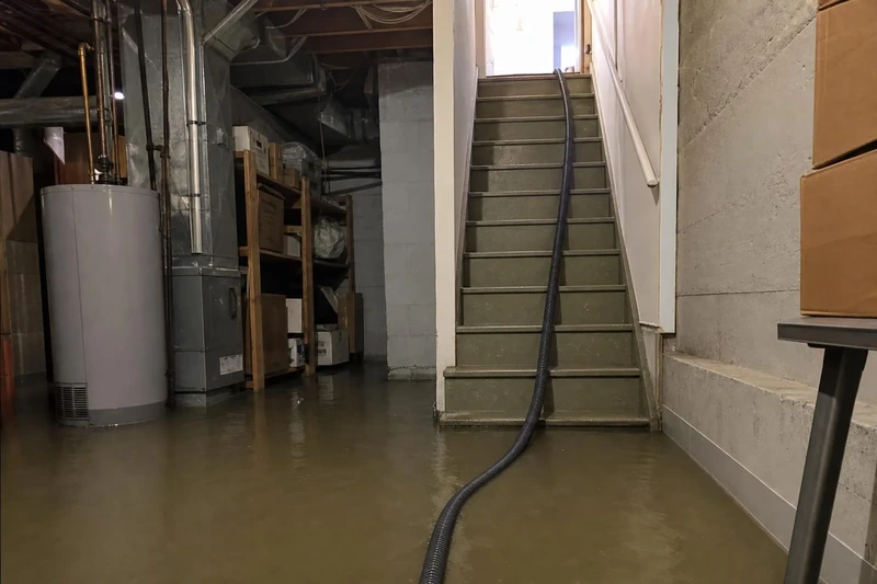 Discharge hose running up a basement stairwell in a Salt Lake City home while water still stands ankle deep below
