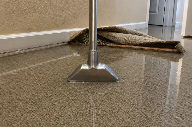 Weighted wand drawing standing water from carpet floated back off the tack strip in a Salt Lake City home