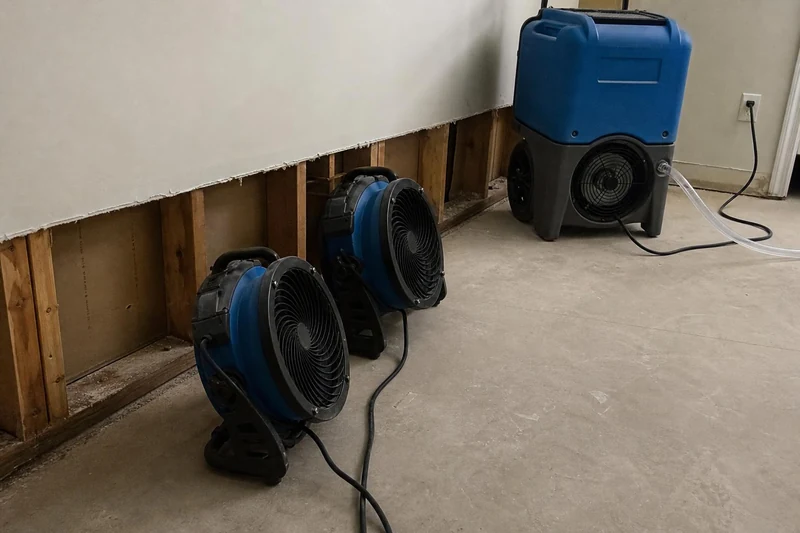 Low air movers aimed into an open stud bay behind removed baseboard, dehumidifier draining beside them in a Salt Lake City home