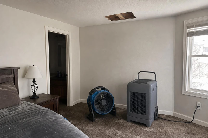 Dehumidifier and air mover running in a Salt Lake City bedroom beneath the square access hole cut in the ceiling to reach the wet attic bay