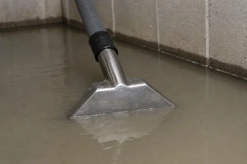 Extraction wand head resting in standing flood water on a Salt Lake City basement floor, drawing the water off the slab