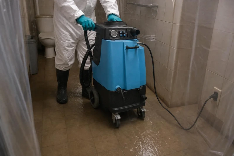 Gloved crew running a portable extractor across a tiled floor behind sealed plastic, dark water going to the waste tank