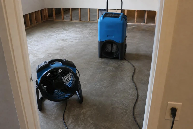 Drying equipment going into a Salt Lake City room only after the sewage-soaked material was carried out, the slab bare underneath