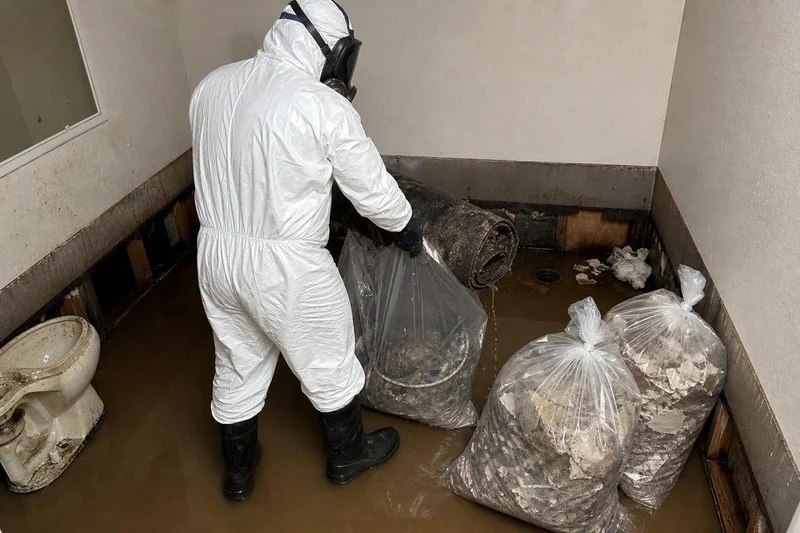 Dark sewage water standing across a Salt Lake City bathroom floor and out into the hallway, the soaked baseboard already discolored