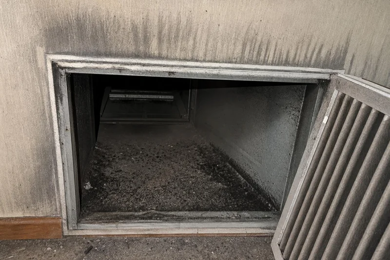 Heavy soot banked inside an open return air duct two rooms from the fire, the filter panel swung back