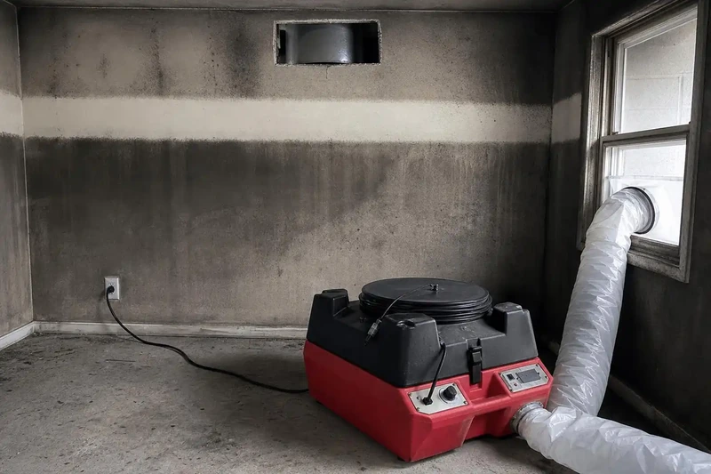 HEPA air scrubber running in a soot-stained room with the ductwork opened and the top-down cleaning under way