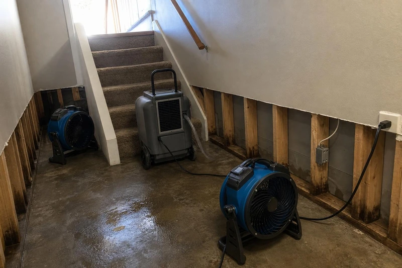 Two air movers and a dehumidifier drying a flood-cut Salt Lake Valley basement, drywall removed to expose the wet stud bays behind it