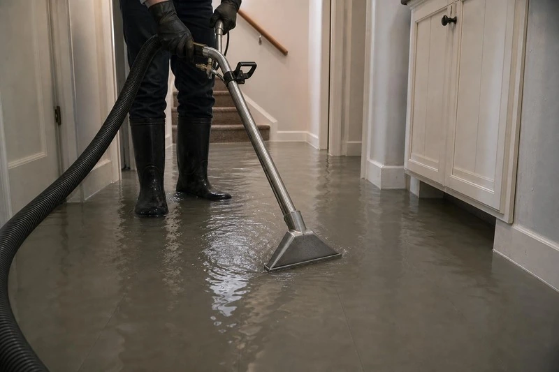 A technician works an extraction wand across tile in a Bluffdale hallway, drawing water up at the head