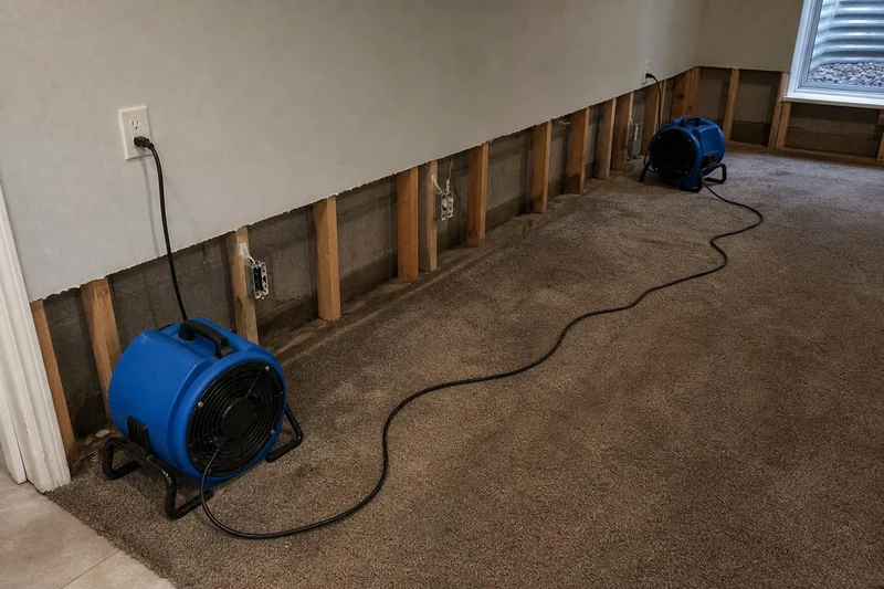 Two fans blow into a wall cavity opened at the base of a Bluffdale basement, damp tan carpet underfoot