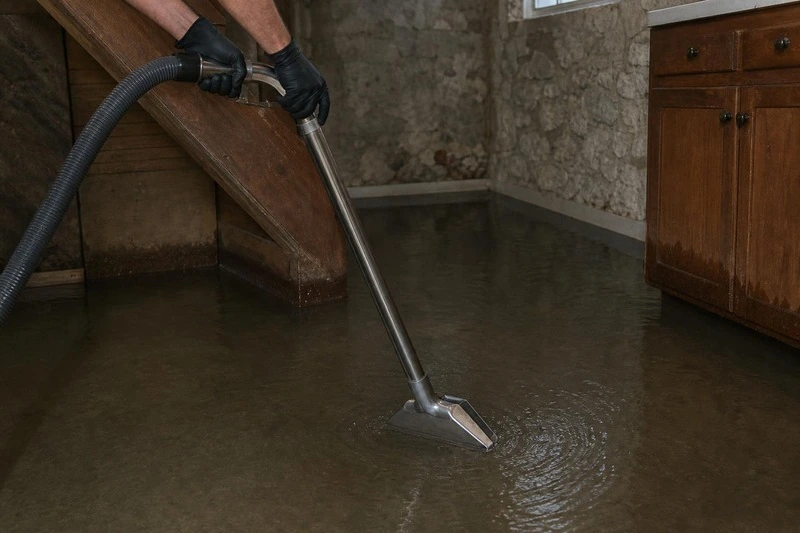 A hose links the wand elbow to the extractor's vacuum port as a worker clears standing water from a Bountiful basement