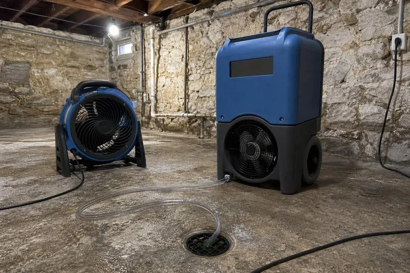 A dehumidifier stands beside one fan in an emptied Bountiful basement, its condensate line snaking to the floor drain