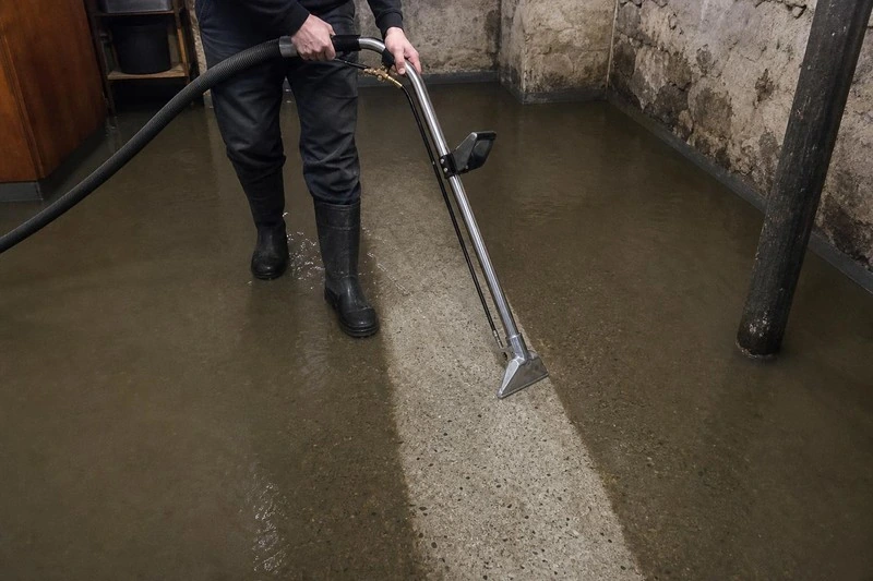 A weighted head lifts water off a Centerville basement slab as an operator pulls it back, hose trailing out of frame
