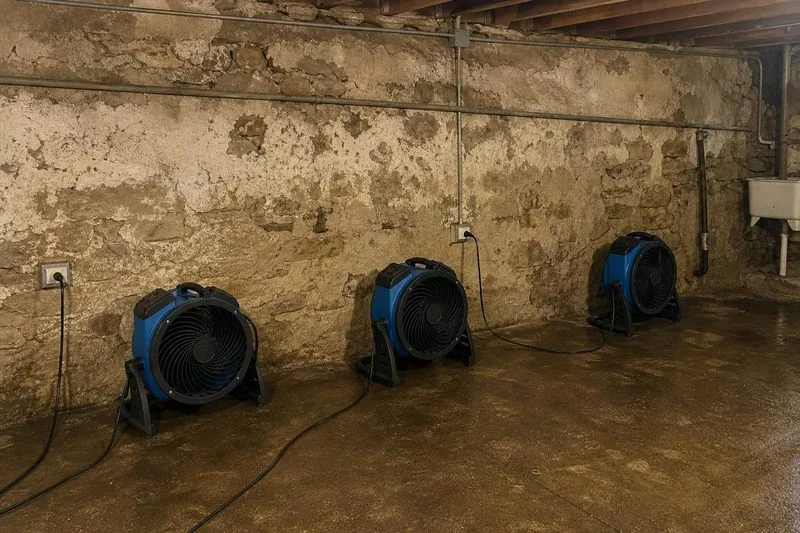 Three fans stand in a line along one wall of a stripped Centerville basement and push air over bare concrete