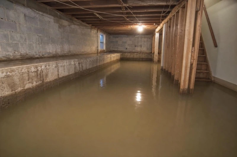 Backed-up sewer water covers the bare concrete floor of a Centerville basement, brown and flat under the ceiling light