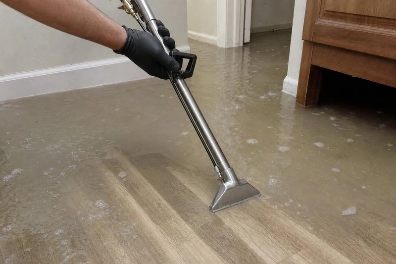 Silt smears the floor of a Cottonwood Heights lower level while a technician's wand lifts water into clean lanes