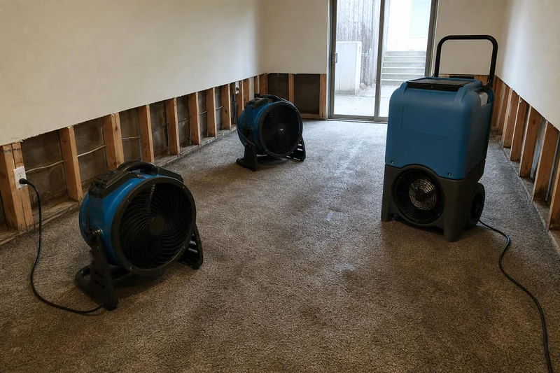 A dehumidifier and two fans work an emptied Cottonwood Heights lower level, walls cut open two feet up to bare studs