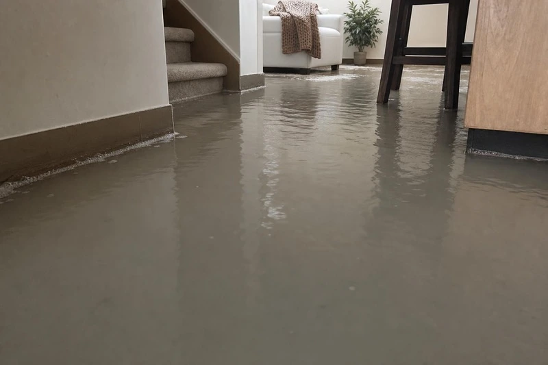 Meltwater lies across the hard floor of a Cottonwood Heights lower level, and silt marks the leading edge
