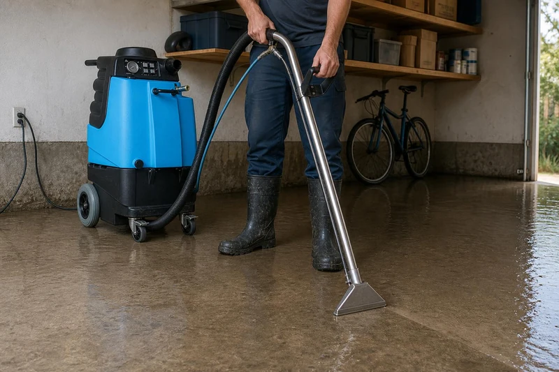 A technician in boots pulls a wand through water across a Draper garage slab, its hose running to the extractor's intake