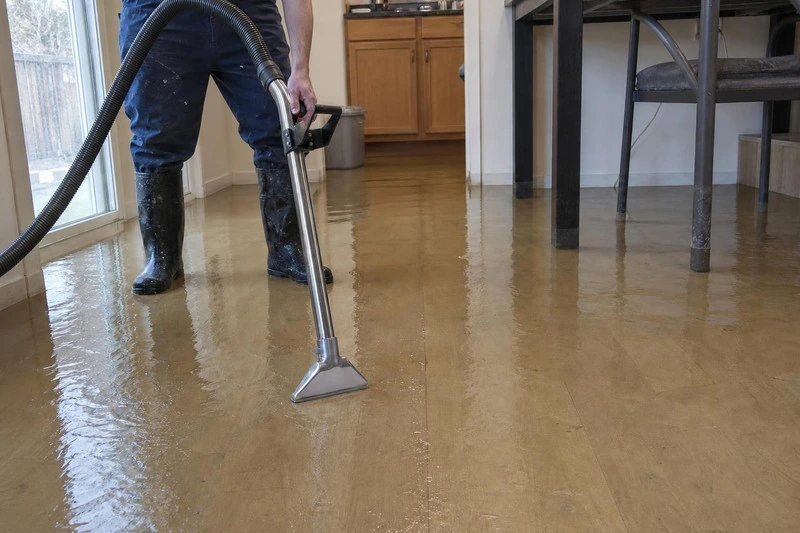 A wand head tracks a seam in the hardwood as a technician pulls water up from a Farmington floor
