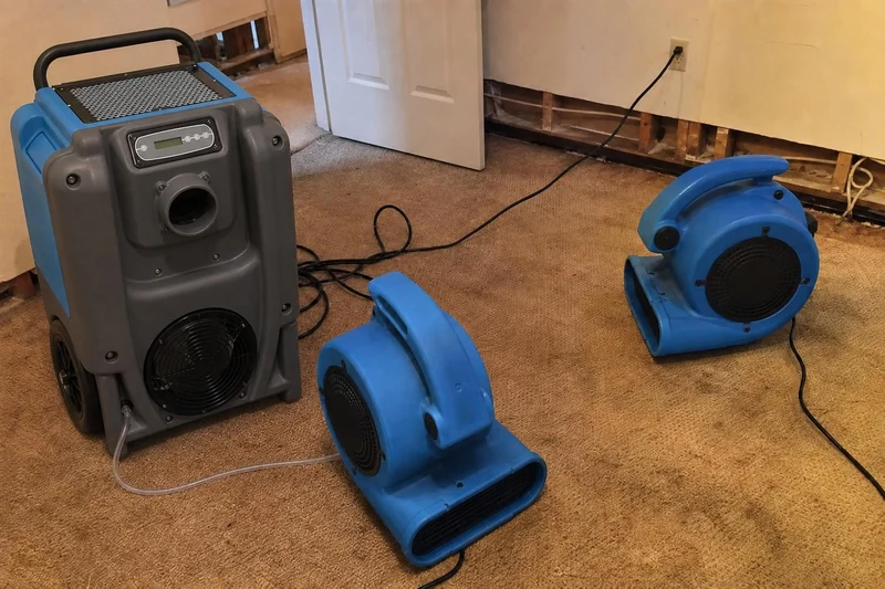 A condensate line runs out of a gray dehumidifier onto tan carpet, two blue fans drying an emptied Farmington room