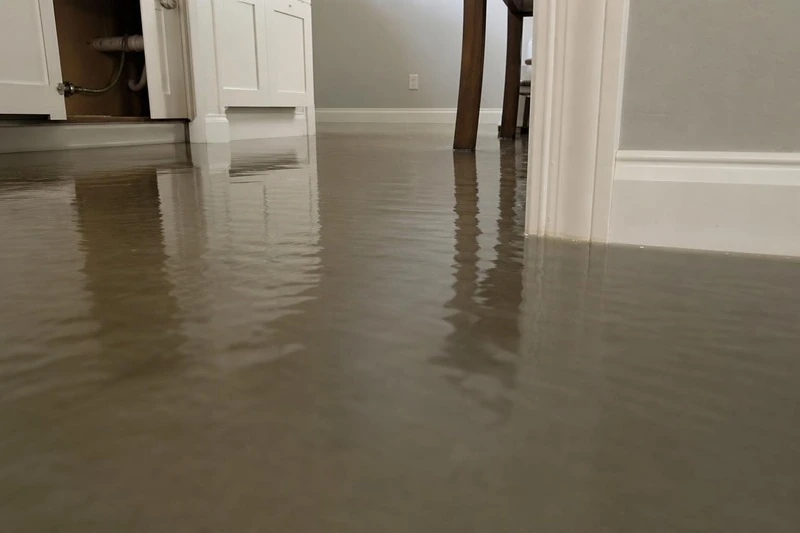 Surface water spreads over solid hardwood in a Farmington main-floor room while a failed supply line keeps running