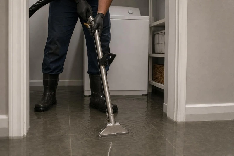 A crew member works a wand into a Fruit Heights laundry alcove, drawing water off the tile beside the washer