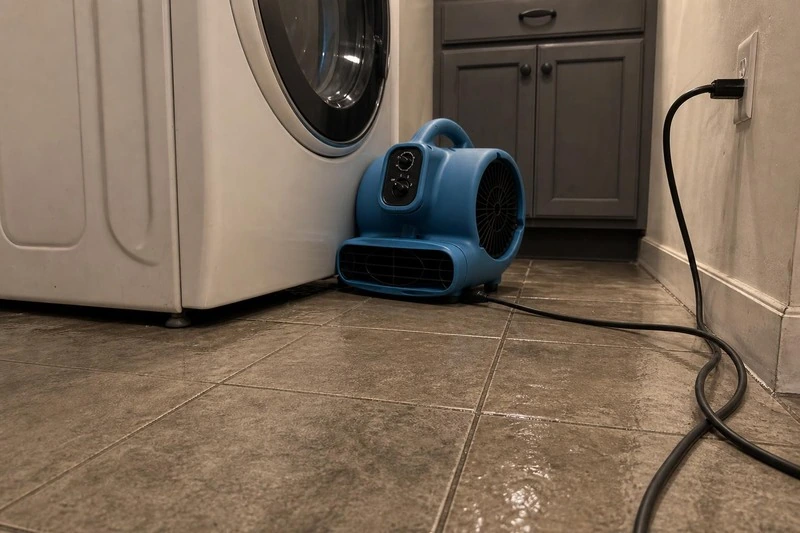 A fan aimed low under the washer moves air over dried tile in a Fruit Heights laundry room