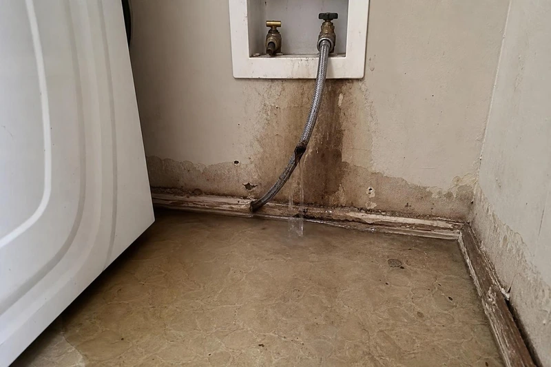 A braided supply hose hangs loose from its valve box, water running across laundry tile in a Fruit Heights home