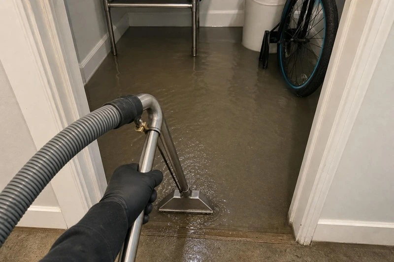 The threshold of a Herriman utility closet runs wet as a technician draws a wand over it, lifting the water