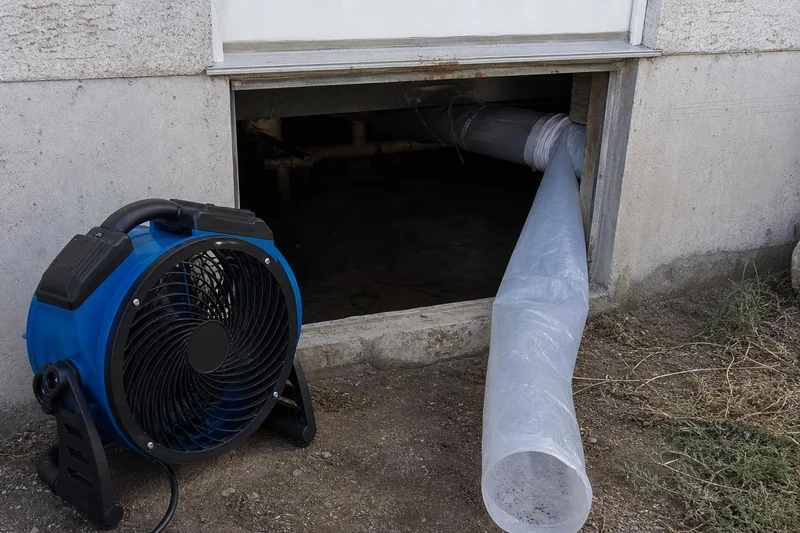 Lay-flat ducting runs out of an open crawlspace hatch in Herriman while a fan on the dirt blows into the opening