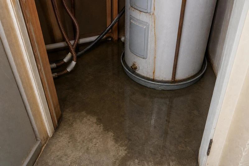 A mirror of water spreads across the concrete toward the doorway of a Herriman utility closet, a rusting heater behind it