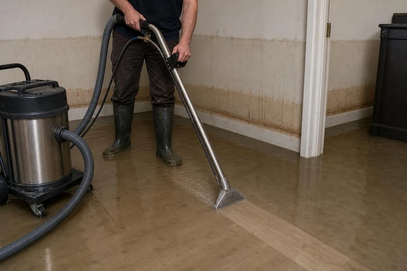A marked line runs above a technician drawing an extraction wand across a wet Holladay floor, water lifting behind the head