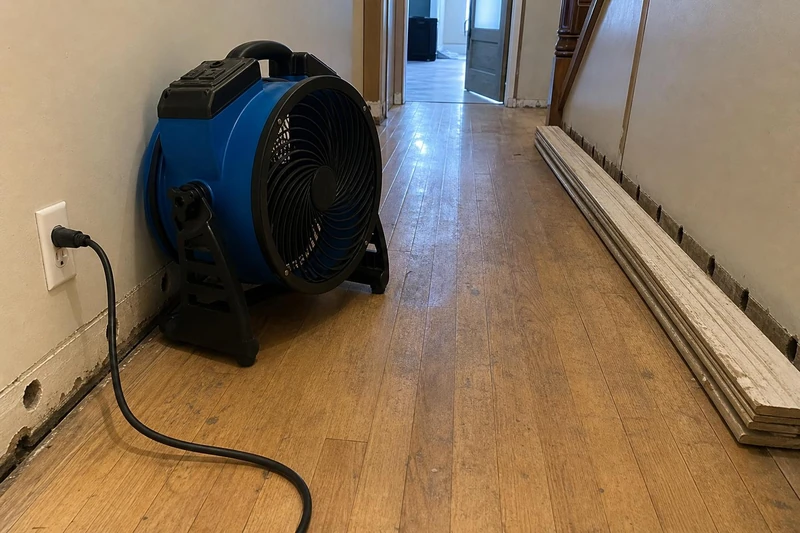 Baseboard stock leans stacked along one wall of a Holladay hallway while a blue air mover runs on the bare hardwood floor