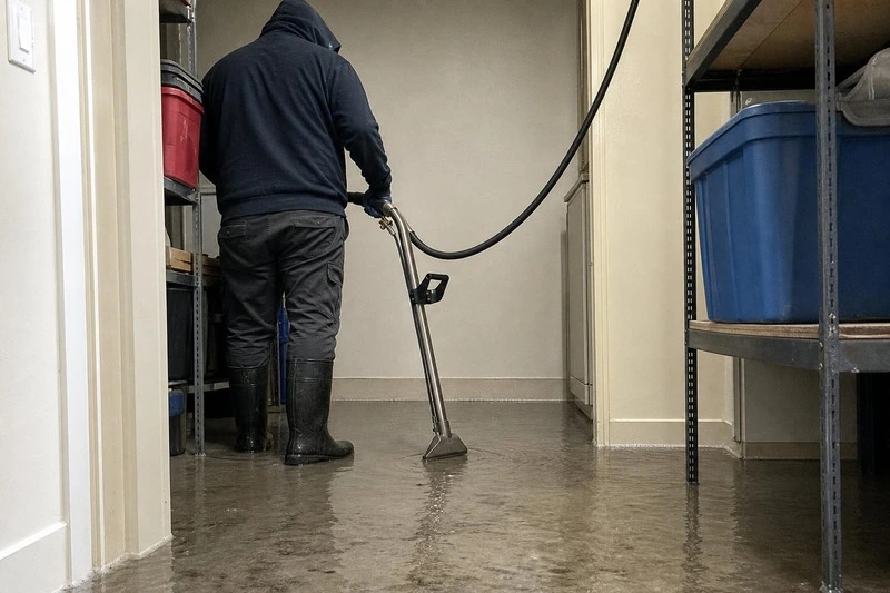Between the shelving legs, a technician drives an extraction wand through murky water in a Kaysville basement, the water breaking around it