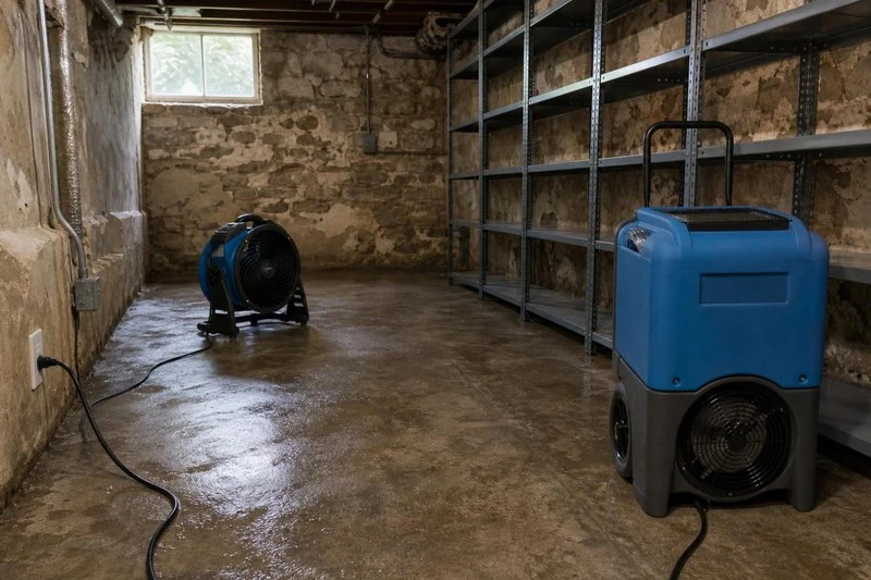 Empty shelving bays line the wall as an air mover and a dehumidifier run on the bare Kaysville storage room floor