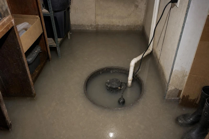 A sump basin sits open under murky water in a Kaysville basement storage room, totes and cardboard soaking on steel shelving